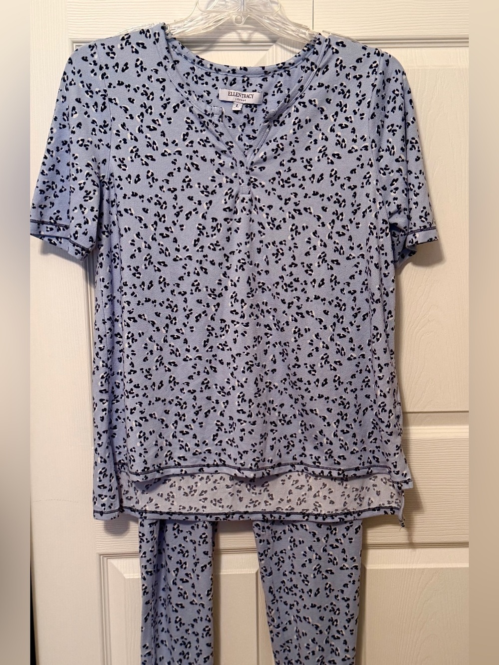 Ellen Tracy 2-Piece Long Sleeve Pajama Set Pale Blue Gray Design ~L ~ EUC